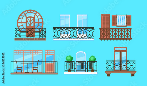 Vintage balcony with facade building. Balcony windows, house facade of wooden banister porch or metal forged fences. Home facade balconies with windows, doors, potted plants retro decor
