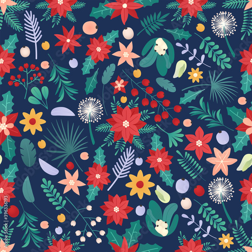vector of seamless colorful natural christmas background. christmas time illustration greeting cards template with flowers and petals in blue background.