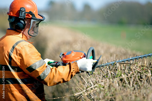 Hedge Cutting Services. Professional Landscaper Gardener Man Worker in uniform and hearing Protection Headphones trimming hedgerow with Gas Powered Clipper.