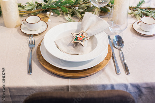 Christmas, new year table setting for celebration holidays