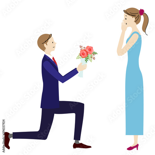 Illustration of the man who proposes with a bouquet and the lady surprised at that