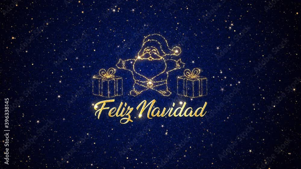 Beautiful Seasonal animated motion graphic of Santa Clause with gifts depicted in glittering particles on a starry background, with the seasonal message �Feliz Navidad� appearing