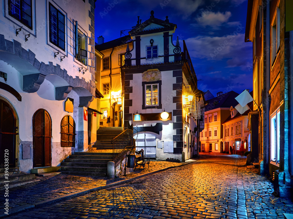 Cesky Krumlov. Czech Republic. Evening antique lane in old medieval town. Picturesque landscape Europe. Blue hour.