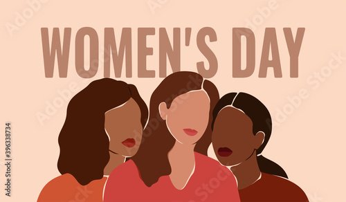Women's day card of Three beautiful females with different skin colors stand together. Abstract minimal portrait of girls face to face. Concept of sisterhood and  friendship. Vector illustration