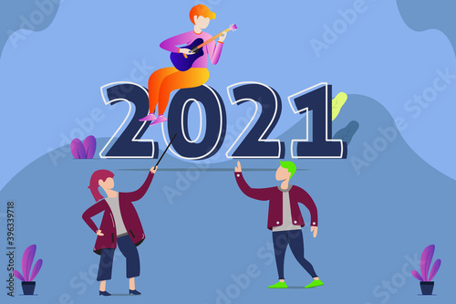 Background vector illustration. two people scolding a child playing guitar above 2021,  Landing page site print poster. Colorful vector illustration