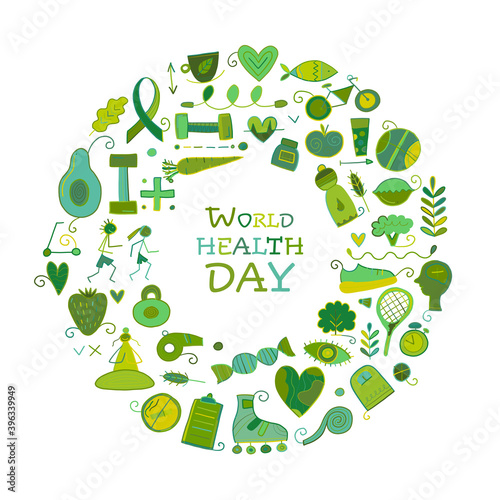 World health day. Concept art with healty lifestyle for your design