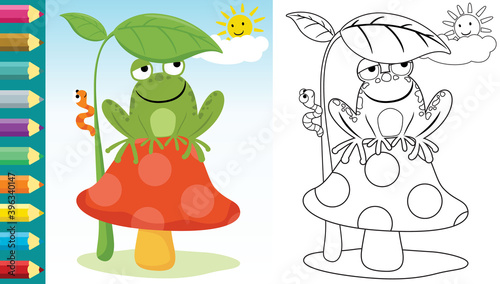 Cartoon of frog sitting on mushroom hiding from blazing sun under leaves at summer, coloring book or page