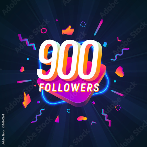 900 followers celebration in social media vector web banner on dark background. Nine hundred follows 3d Isolated design elements