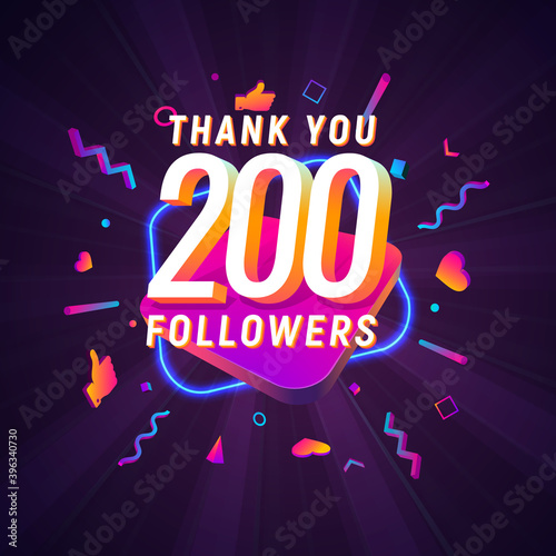200 followers celebration in social media vector web banner on dark background. Two hundred follows 3d Isolated design elements photo