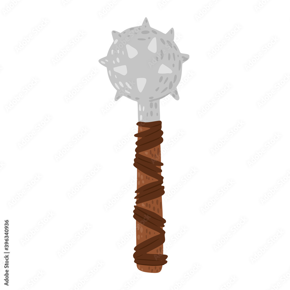 Flail isolated on white background. Cartoon cute weapon of viking in doodle style.