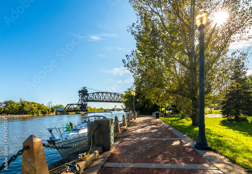 Broken Bridge view on Des Plaines River in Joliet Town of Illinois photo