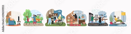 Elderly people leisure activity set, flat vector illustration.