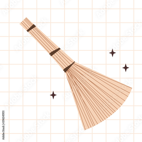 Besom, broom. Natural household implement used for sweeping. Eco friendly item. Zero waste lifestyle. Environmentally cleaning. Green home concept. Vector flat cartoon illustration