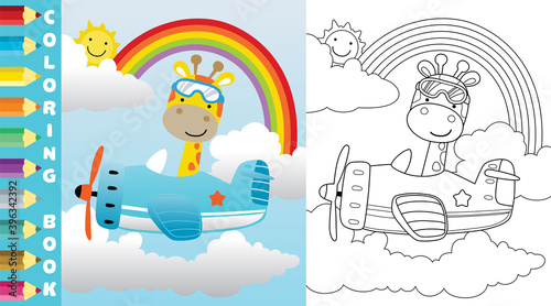 coloring page or book with cartoon of giraffe ride on plane on rainbow background