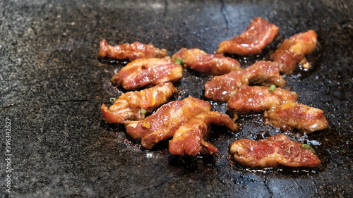 close up Korean bulgogi on slate. Traditional Korean barbecue.