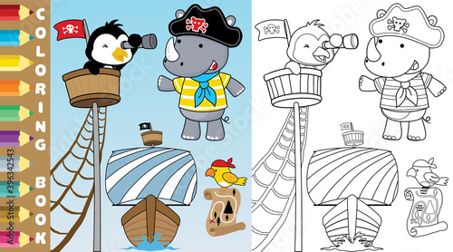 coloring page or book of sailing equipment set with cute rhino and penguin photo