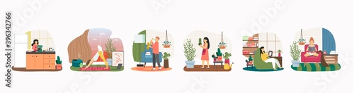 Stay home in quarantine scene set, flat vector illustration. Hobby and leisure, home activities. Self isolation.