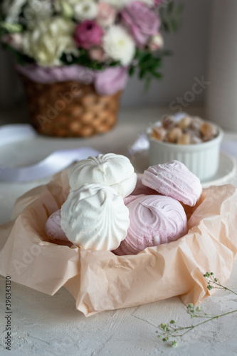 Homemade colored marshmallow in a basket