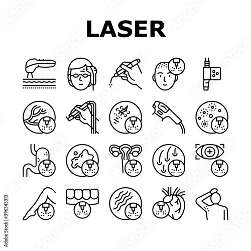 Laser Therapy Service Collection Icons Set Vector. Laser Removal Of Vascular Pathologies And Hair, Acne Treatment And Photorejuvenation Black Contour Illustrations