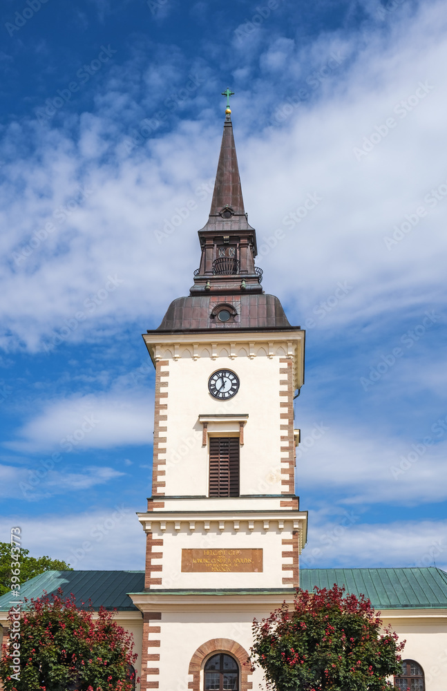 Fototapeta premium Beautiful church in Hjo a Swedish city at a blue summer sky