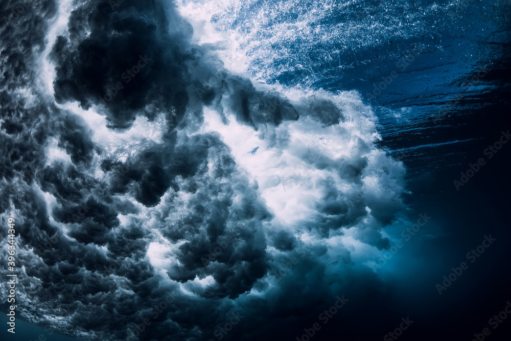 Underwater ocean wave with foam and bubbles