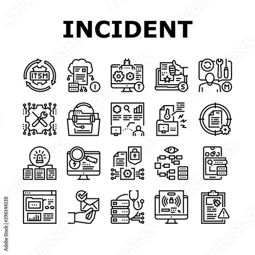 Incident Management Collection Icons Set Vector. It Service Manage And Virus Report, Repairman And Computer Incident Repair, Online Support And Aid Black Contour Illustrations