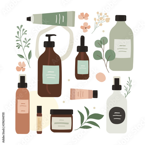 Woman care kit. Hand and face cream. Body lotion, floral ellements. Organic cosmetics