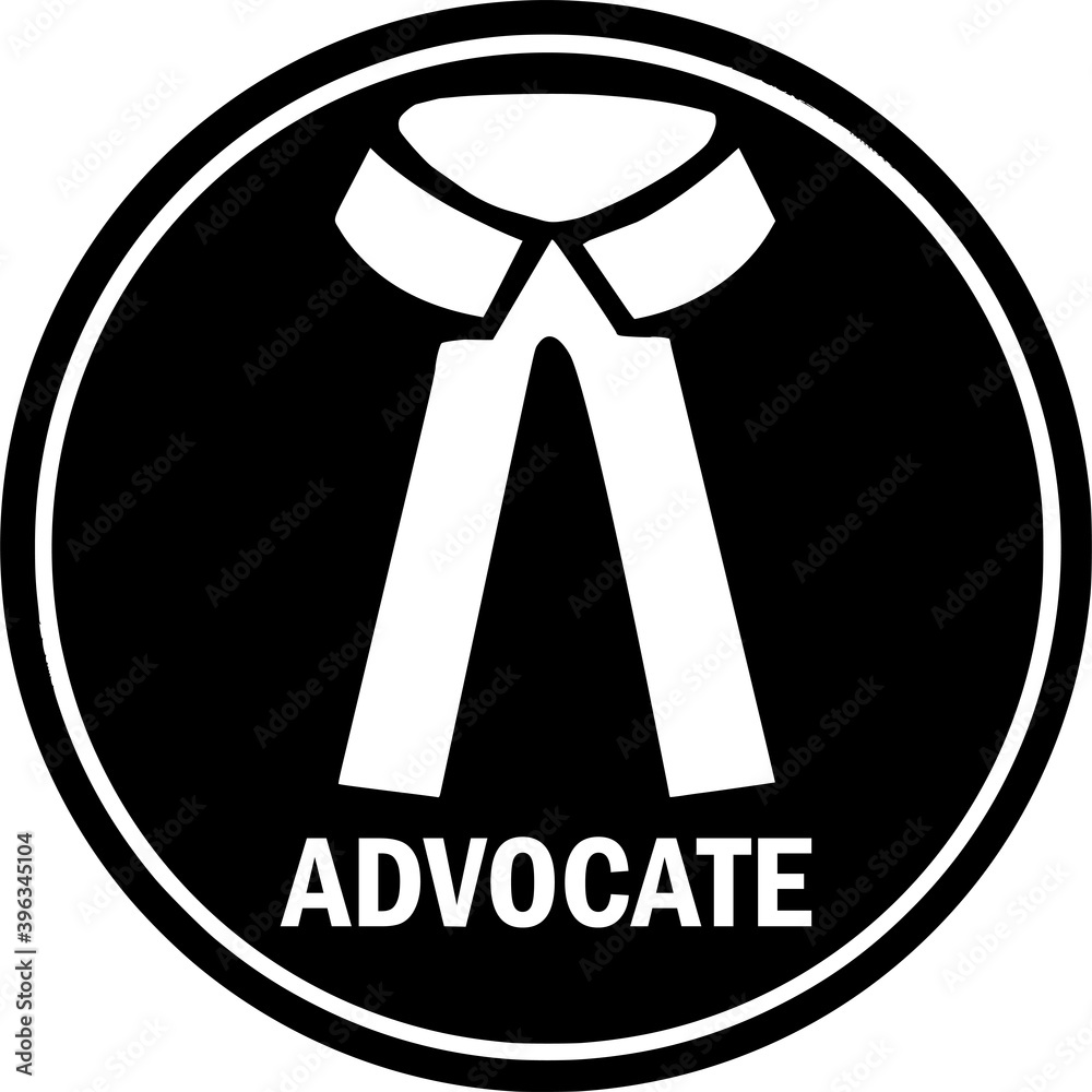 Advocate symbol with text. Black circle background. Justice Lawyer sign