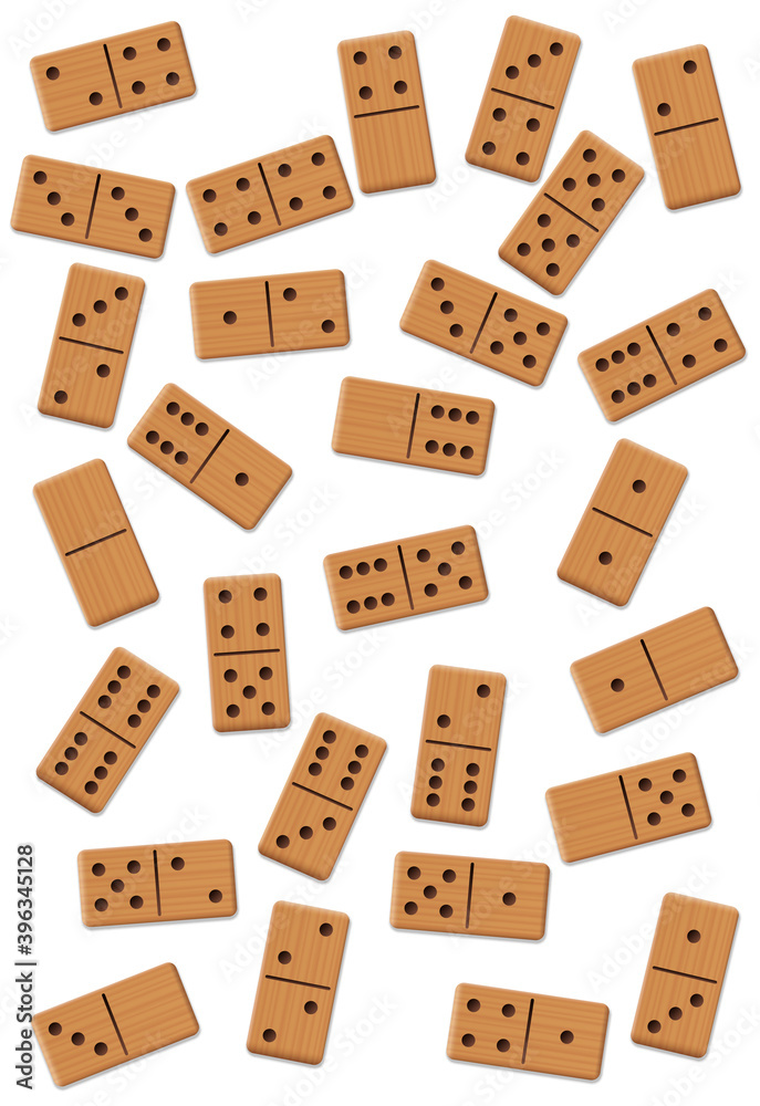 Dominos, scattered, shuffled, mixed up,loosely arranged messy set of 28 wooden tiles. Isolated vector illustration on white background.
Dominos, scattered, shuffled, mixed up,loosely arranged messy set of 28 wooden tiles. Isolated vector illustration on white background.