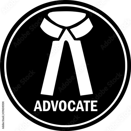 Advocate symbol with text. Black circle background. Justice Lawyer sign.