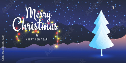 Merry Christmas holiday postcard, 2021 banner. Happy New Year, starry snowy night with abstract Christmas tree. Handmade text with garlands, New Year's fairy tale.