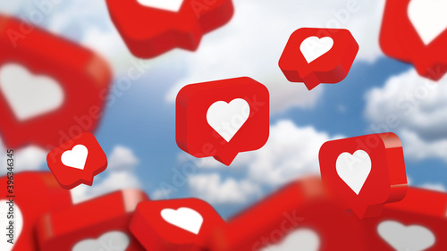 Red social media notification like icon falling . Follow, comment, like icon. - 3D Rendering