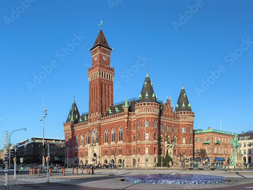 Fototapeta Naklejka Na Ścianę i Meble -  Helsingborg, Sweden. City Hall and monument to field marshal Magnus Stenbock.