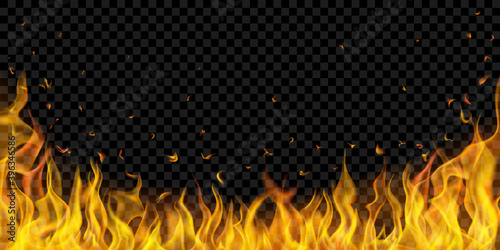 Translucent fire flames and sparks on transparent background. For used on dark illustrations. Transparency only in vector format