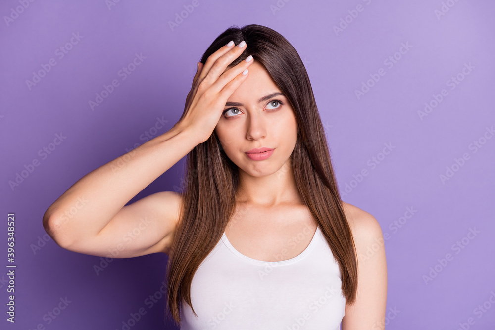 Photo of sad exhausted young lady dressed casual white clothes suffer headache hand head looking empty space isolated purple color background