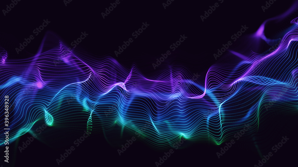 Obraz premium Glowing digital waves background. Multi-coloured line particles with beautiful bokeh effect. 3d perspective tech illustration
