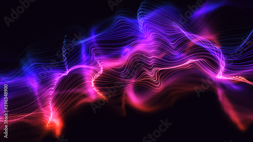 Bright glowing wavy background illustration artwork. Multi-colours line particles with beautiful bokeh. Digital 3d design concept