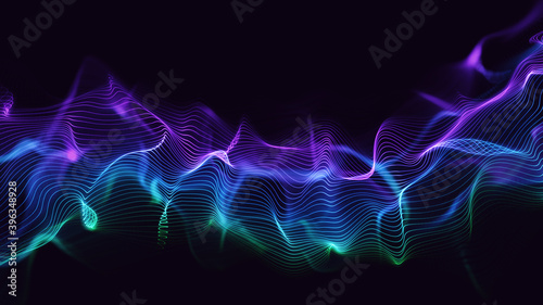 Glowing digital waves background. Multi-coloured line particles with beautiful bokeh effect. 3d perspective tech illustration