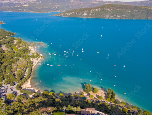 Aerial view of the azur lake with boats in Provence, France.