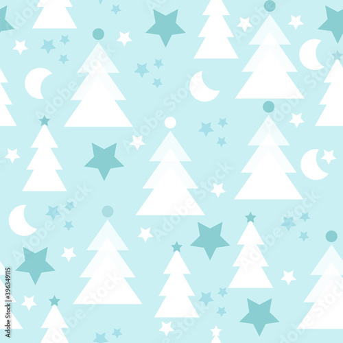 Blue Seamless Christmas background with decorative Christmas trees. Minimal geometric design