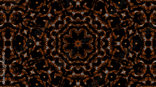 Symmetric golden jewellery theme kaleidoscope background with blue colour elements