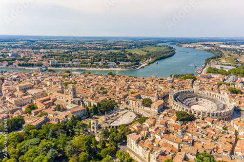 Aerial view of the city of Arles with ancient arena, France.