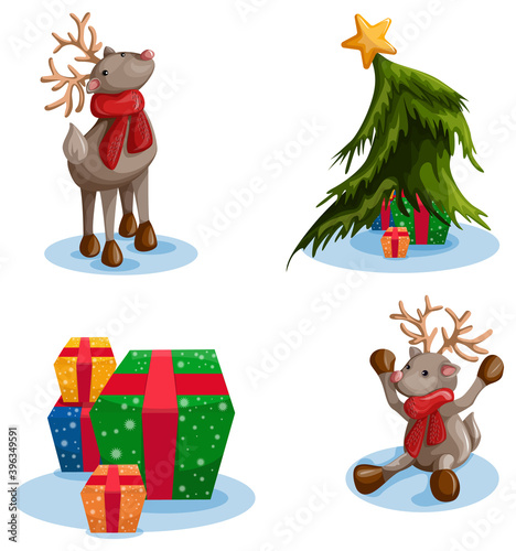 Fototapeta Naklejka Na Ścianę i Meble -  image of a Christmas set consisting of reindeer, Christmas tree and gift boxes.