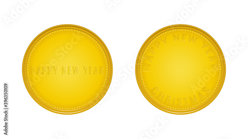 Merry Christmas and Happy New Year. New Year's coins with congratulations. Colored. Winter Holidays Symbol. Realistic coins. Vector Illustration EPS 10