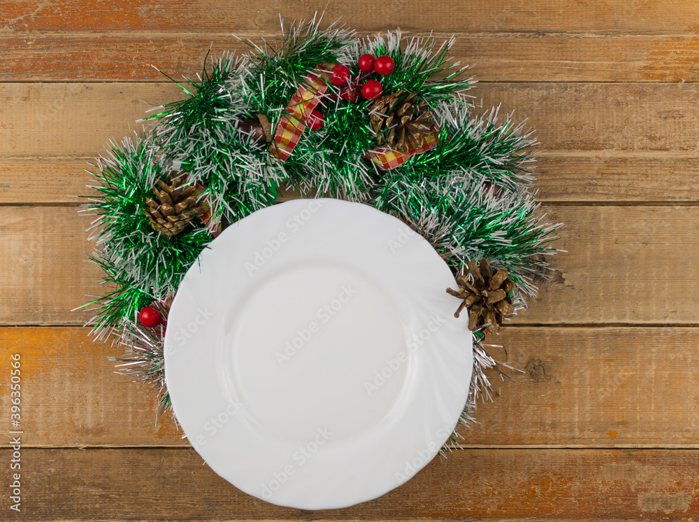 Christmas table setting on wood background, flat lay Christmas table setting on wood background, flat lay