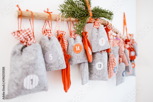 Homemade Advent Calendar with little, festive bags setting a Christmas mood.