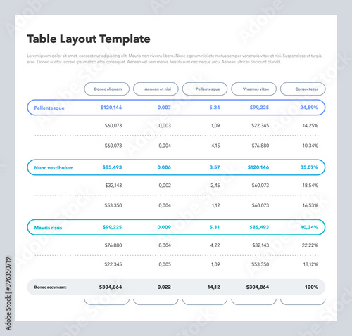 Modern business table layout template with the total sum row and place for your content. Flat design, easy to use for your website or presentation.