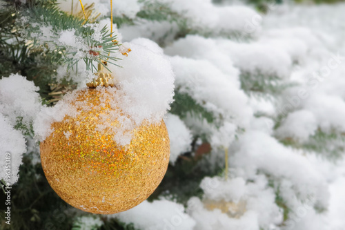 beautiful Christmas decorations on a tree in the snow