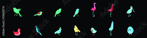 set of simple birds cartoon icon design template with various models. vector illustration isolated on black background