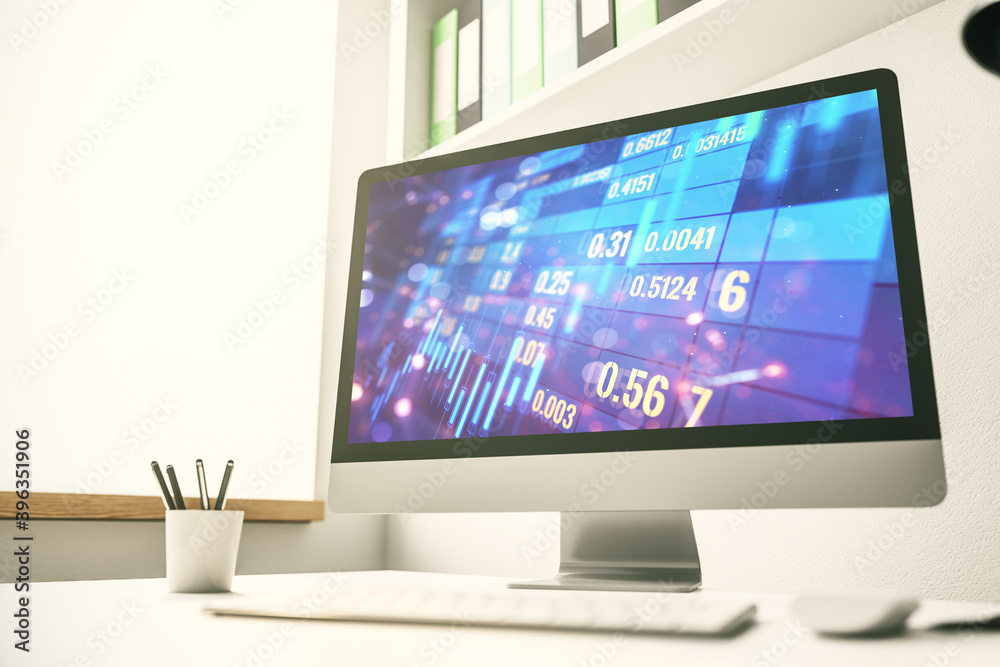 Abstract creative financial diagram on modern computer monitor, banking and accounting concept. 3D Rendering Abstract creative financial diagram on modern computer monitor, banking and accounting concept. 3D Rendering